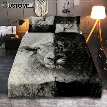 Lion And Lamb Face Quilt Bedding Set - Lion Quilt Bedding Set Print - Christian Bedroom - Religious Home Decor
