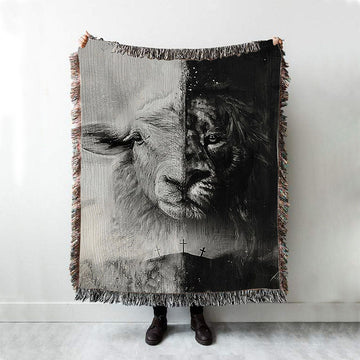 Lion And Lamb Face Woven Blanket - Lion Woven Blanket Print - Christian Throw Blanket - Religious Home Decor