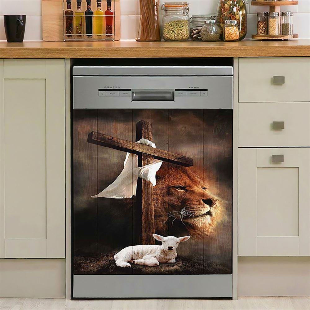 Lion And Lamb Of God Daisy Field White Butterfly Dishwasher Cover, Lion Dishwasher Wrap, Christian Kitchen Decoration