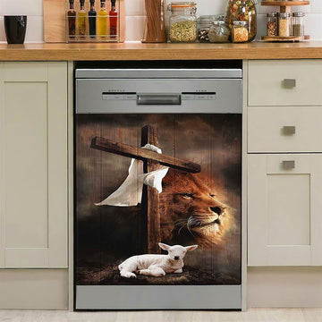 Lion And Lamb Of God Daisy Field White Butterfly Dishwasher Cover, Lion Dishwasher Wrap, Christian Kitchen Decoration