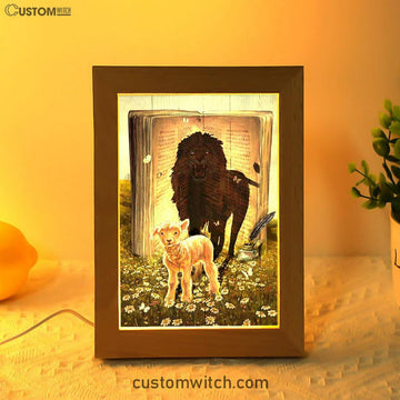 Lion And Lamb Of God Daisy Field White Butterfly Frame Lamp - Lion Frame Lamp Print - Christian Art - Religious Home Decor
