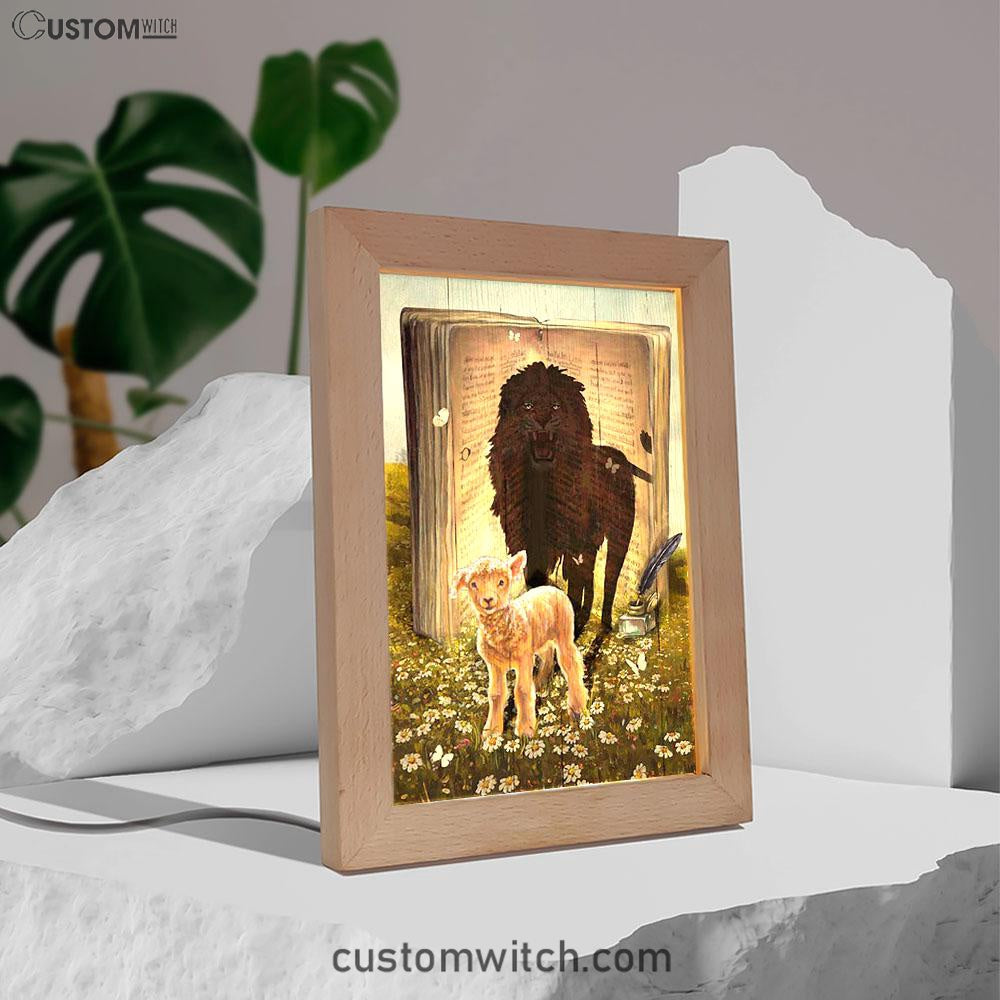 Lion And Lamb Of God Daisy Field White Butterfly Frame Lamp - Lion Frame Lamp Print - Christian Art - Religious Home Decor