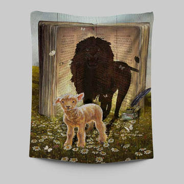 Lion And Lamb Of God Daisy Field White Butterfly Tapestry - Lion Tapestry Print - Christian Wall Art - Religious Home Decor