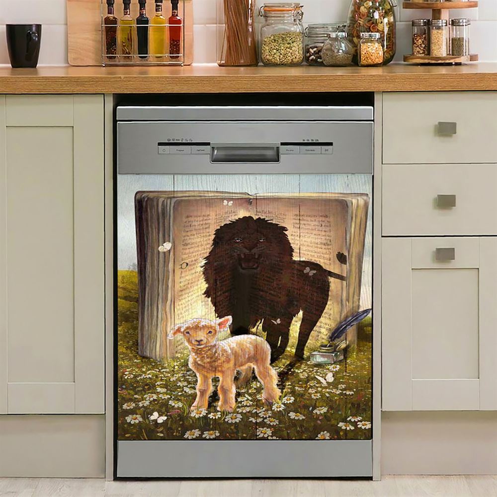 Lion And Lamb Of God Dishwasher Cover, Bible Verse Dishwasher Wrap, Inspirational Kitchen Decoration