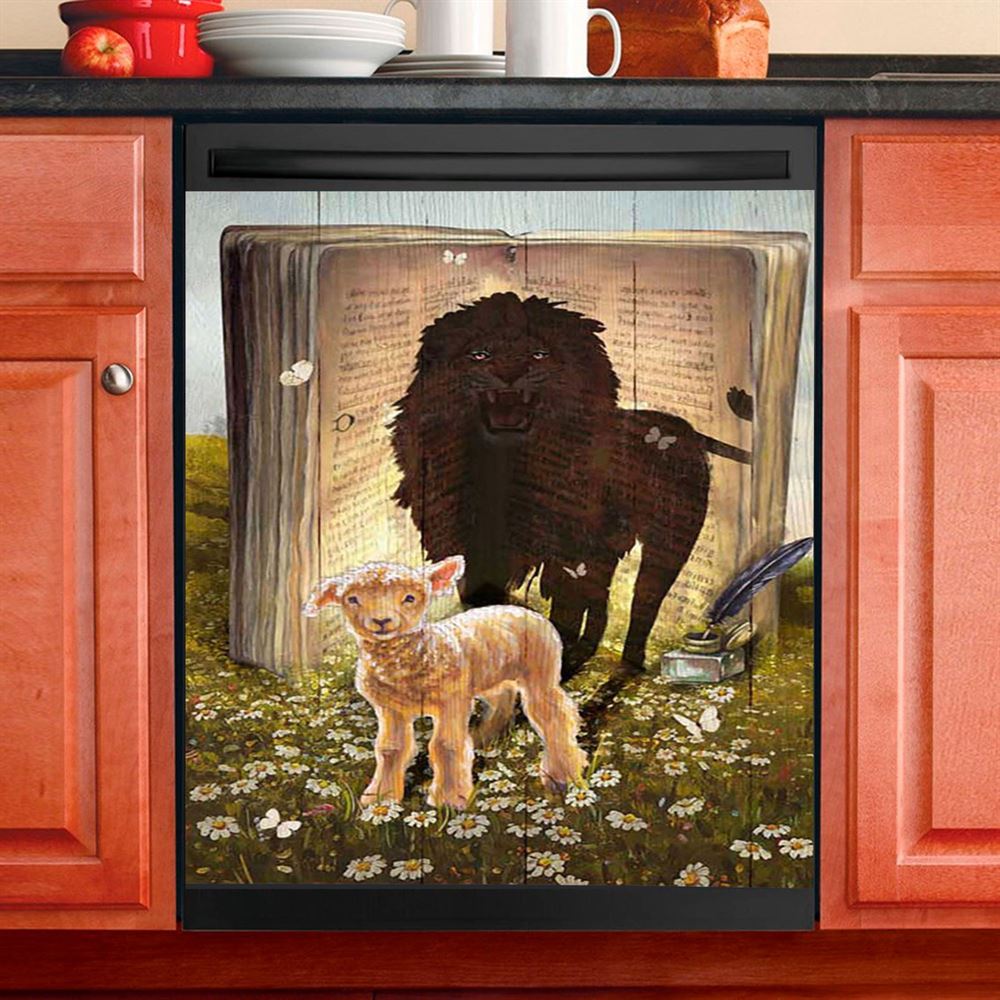 Lion And Lamb Of God Dishwasher Cover, Bible Verse Dishwasher Wrap, Inspirational Kitchen Decoration