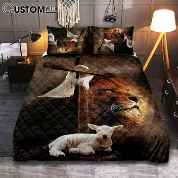 Lion And Lamb Of God Quilt Bedding Set Bedroom - Bible Verse Quilt Bedding Set Art - Christian Home Decor