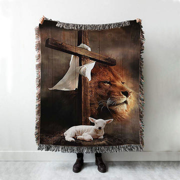 Lion And Lamb Of God Woven Throw Blanket - Bible Verse Woven Blanket Art - Inspirational Art - Christian Home Decor