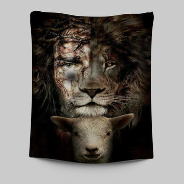 Lion And Lamb Tapestry Wall Art - Christian Wall Tapestry - Religious Tapestries Wall Hanging Prints