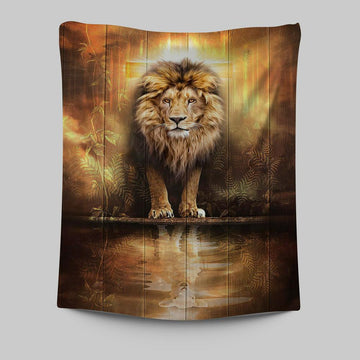 Lion And Lamb Water Reflection Jesus Tapestry Wall Art - Jesus Tapestry Pictures - Christian Tapestries Wall Art