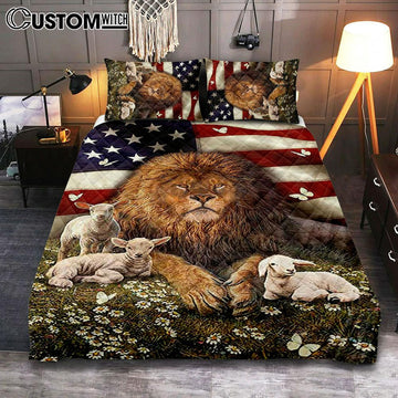 Lion And The Lamb Daisy Garden Quilt Bedding Set - Lion Quilt Bedding Set Print - Christian Bedroom - Religious Home Decor