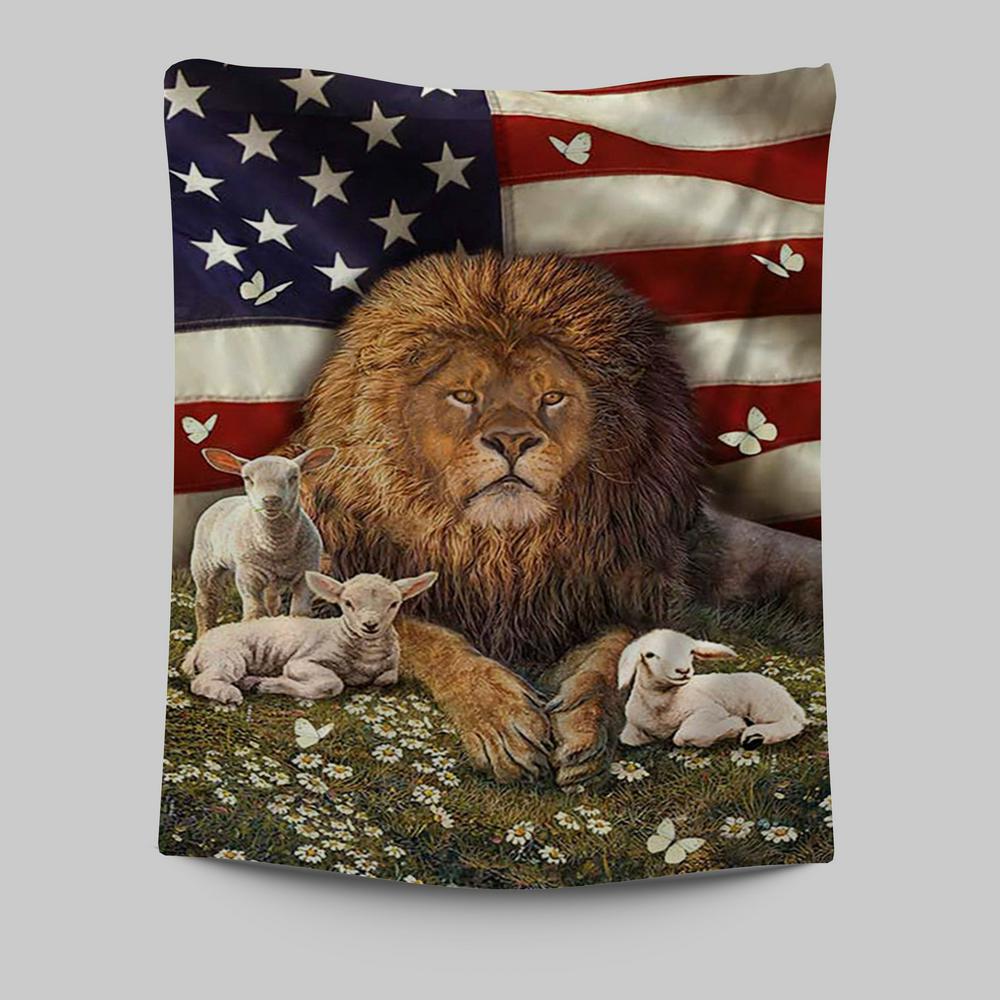 Lion And The Lamb Daisy Garden Tapestry - Lion Tapestry Print - Christian Wall Art - Religious Home Decor