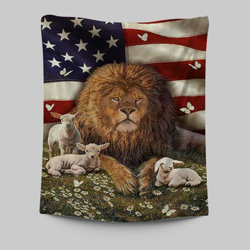 Lion And The Lamb Daisy Garden Tapestry - Lion Tapestry Print - Christian Wall Art - Religious Home Decor