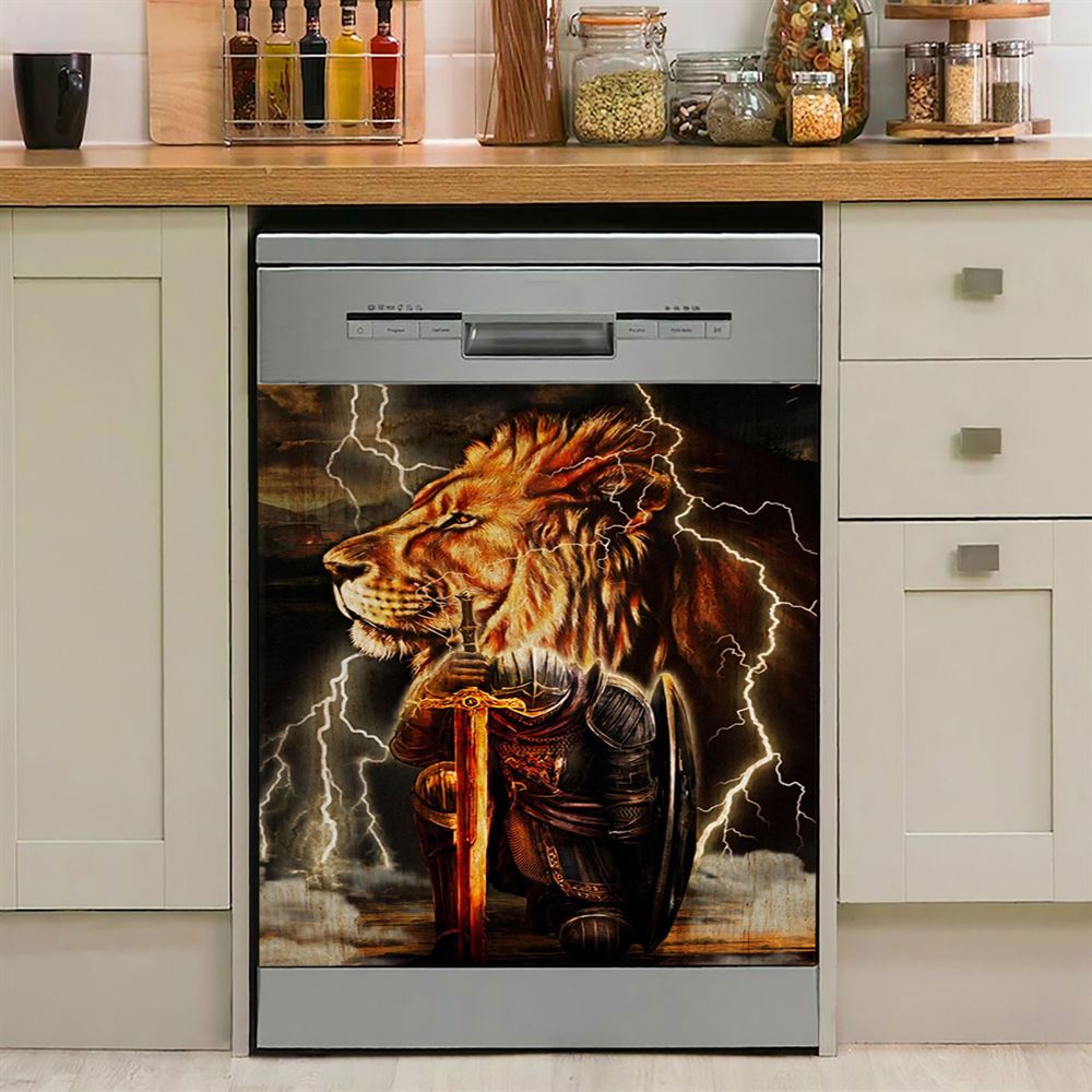 Lion And The Warrior Dishwasher Cover, Christian Dishwasher Wrap, Religious Kitchen Decoration