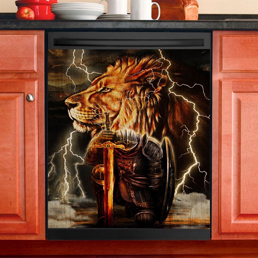 Lion And The Warrior Dishwasher Cover, Christian Dishwasher Wrap, Religious Kitchen Decoration