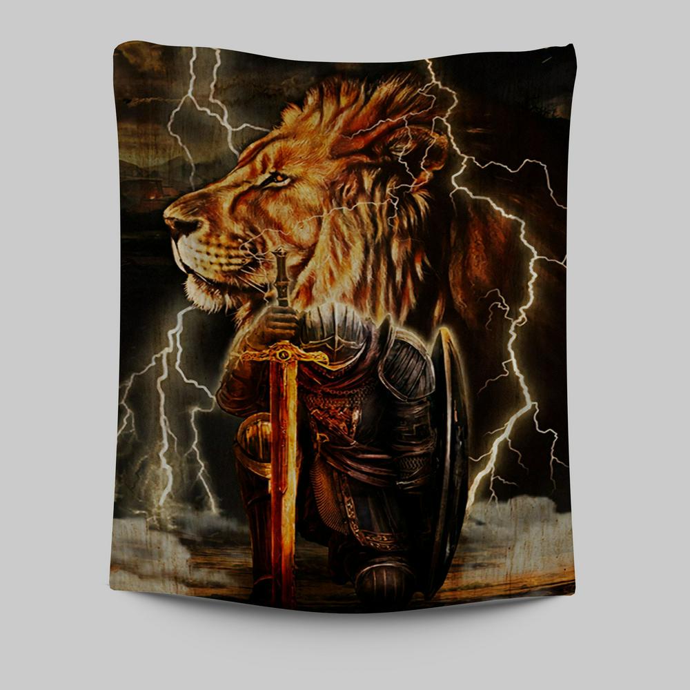 Lion And The Warrior Tapestry Wall Art - Christian Wall Tapestry - Religious Tapestries Wall Hanging Prints