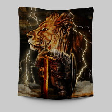 Lion And The Warrior Tapestry Wall Art - Christian Wall Tapestry - Religious Tapestries Wall Hanging Prints