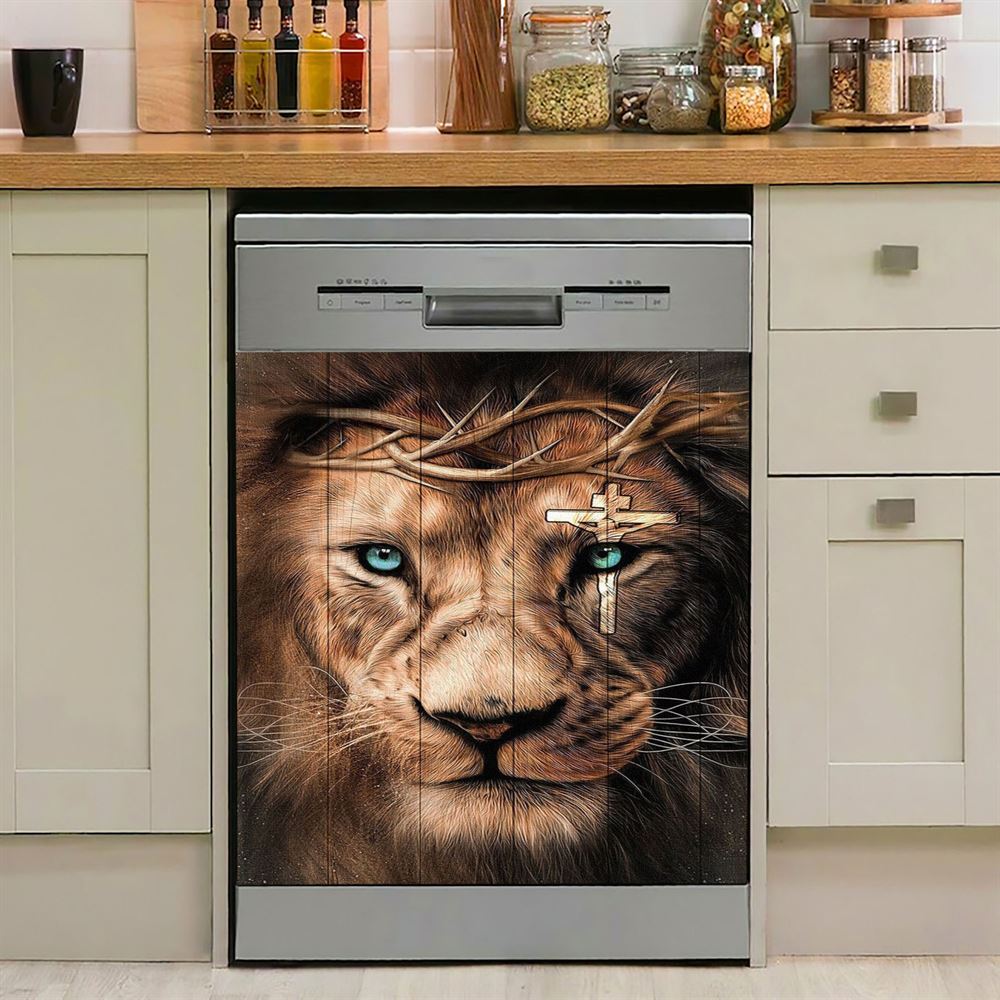 Lion Cross Crown Of Thorns Dishwasher Cover, Christian Dishwasher Wrap, Bible Verse Kitchen Decoration