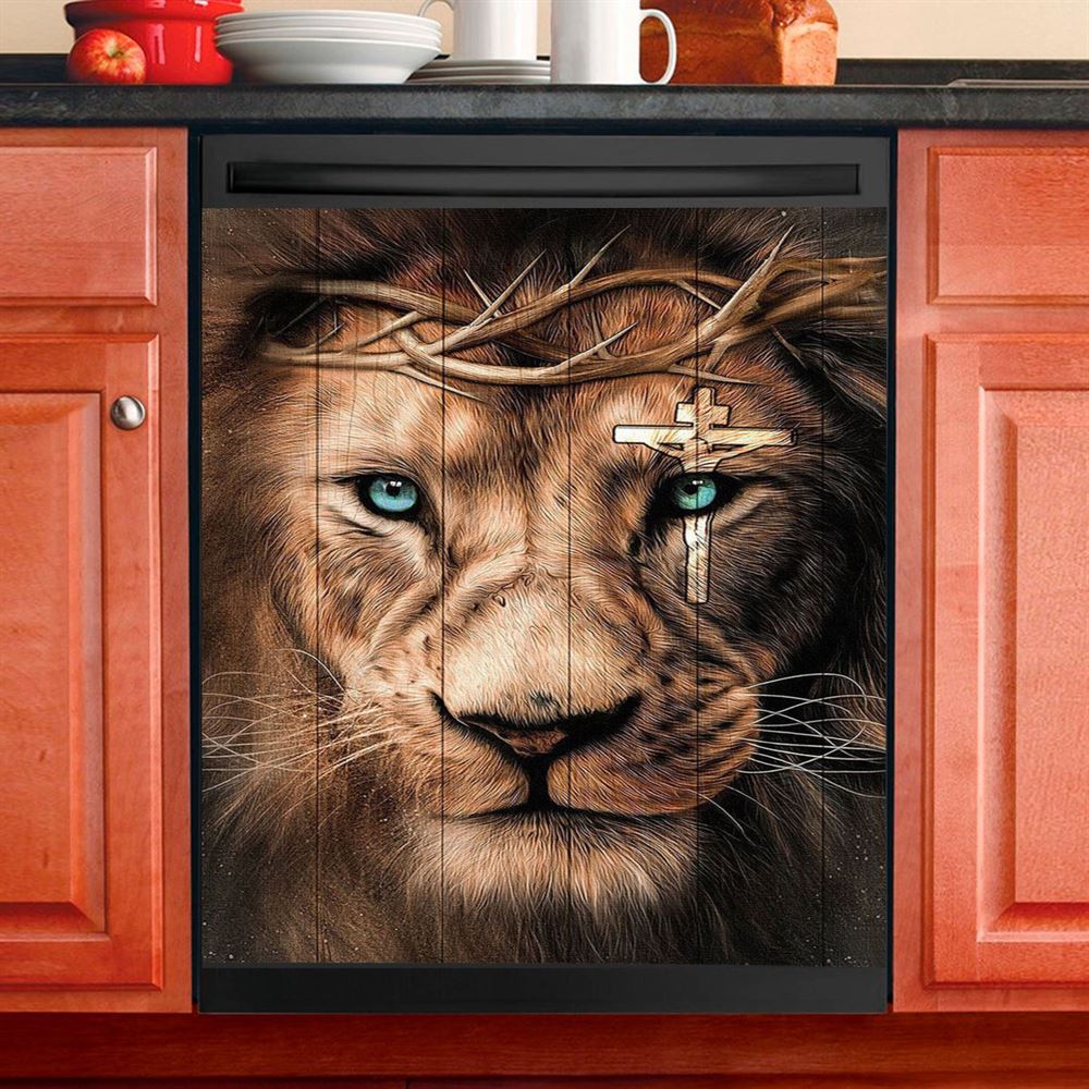 Lion Cross Crown Of Thorns Dishwasher Cover, Christian Dishwasher Wrap, Bible Verse Kitchen Decoration