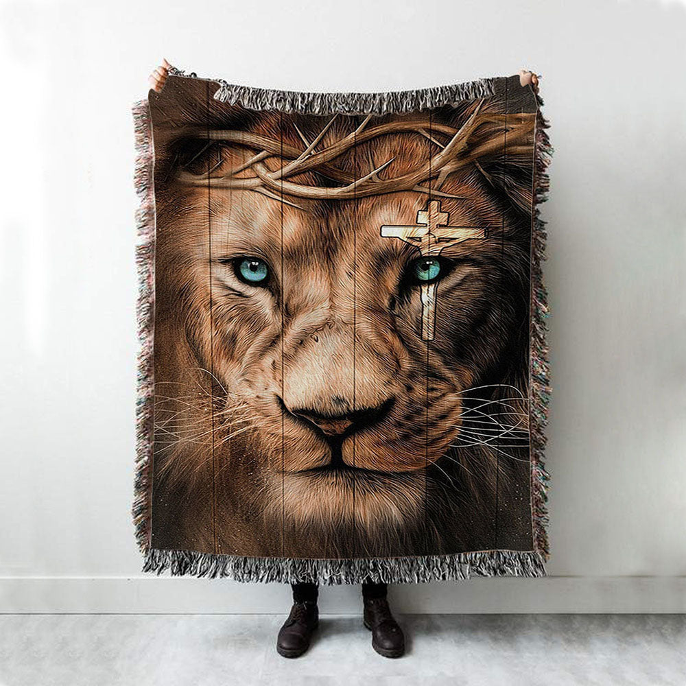 Lion Cross Crown Of Thorns Woven Blanket Art - Christian Art - Bible Verse Throw Blanket - Religious Home Decor