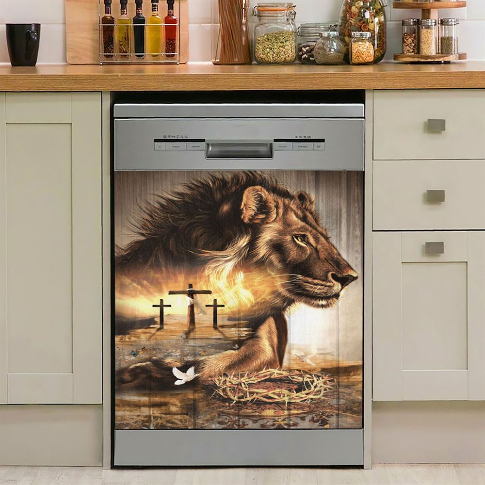 Lion Crow Of Thorns Heaven&#39;S Light The King Of All Kings Dishwasher Cover, Christian Dishwasher Wrap, Bible Verse Kitchen Decoration
