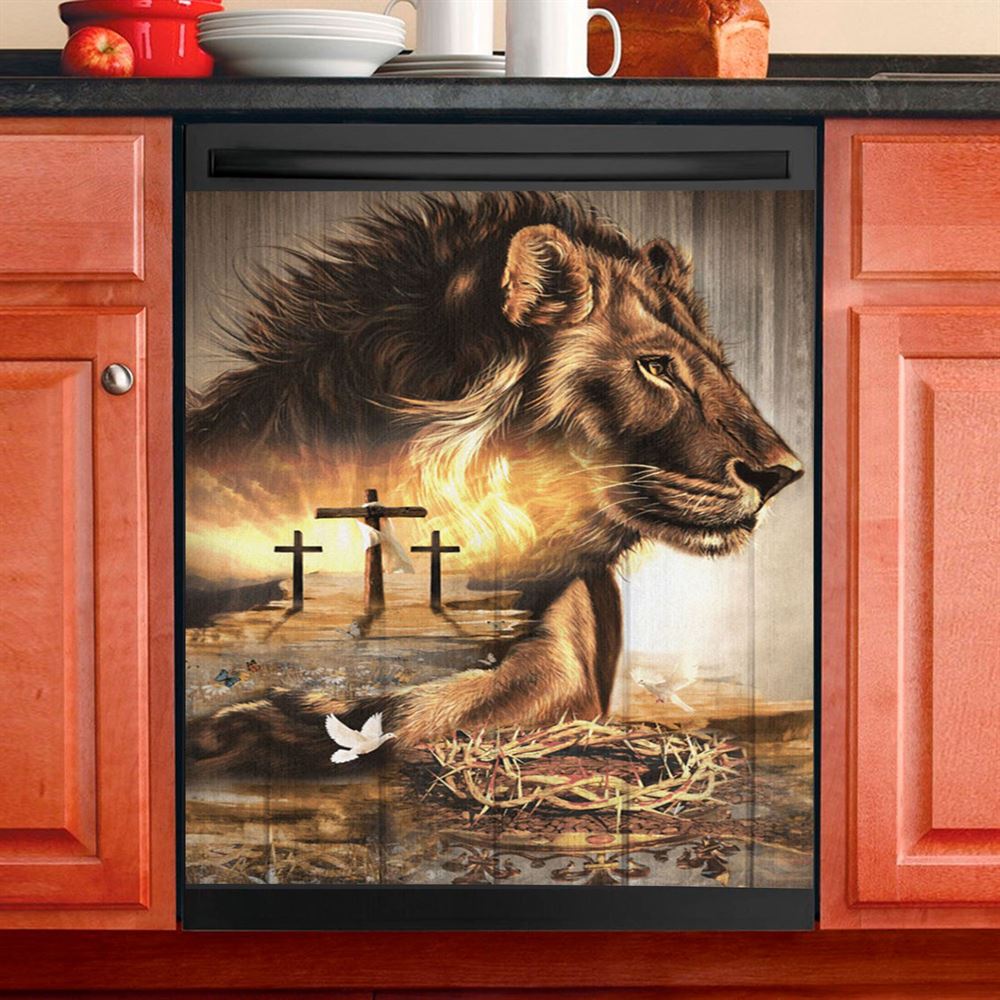 Lion Crow Of Thorns Heaven&#39;S Light The King Of All Kings Dishwasher Cover, Christian Dishwasher Wrap, Bible Verse Kitchen Decoration
