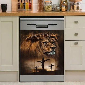 Lion Crown Of Thorn Jesus On The Cross Dishwasher Cover, Lion Dishwasher Wrap, Christian Kitchen Decoration