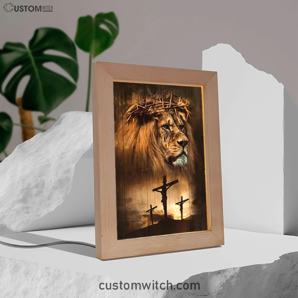 Lion Crown Of Thorn Jesus On The Cross Frame Lamp - Lion Frame Lamp Print - Christian Art - Religious Home Decor