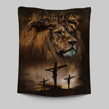 Lion Crown Of Thorn Jesus On The Cross Tapestry - Lion Tapestry Print - Christian Wall Art - Religious Home Decor