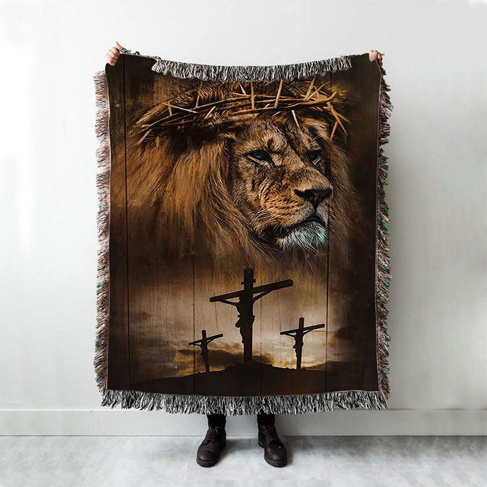 Lion Crown Of Thorn Jesus On The Cross Woven Blanket - Lion Woven Blanket Print - Christian Throw Blanket - Religious Home Decor