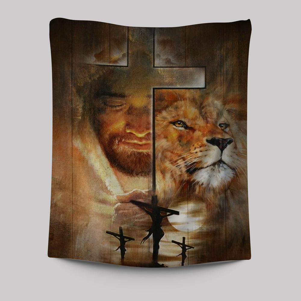 Lion Drawing, Jesus, Amazing Sunset, Big Cross Tapestry