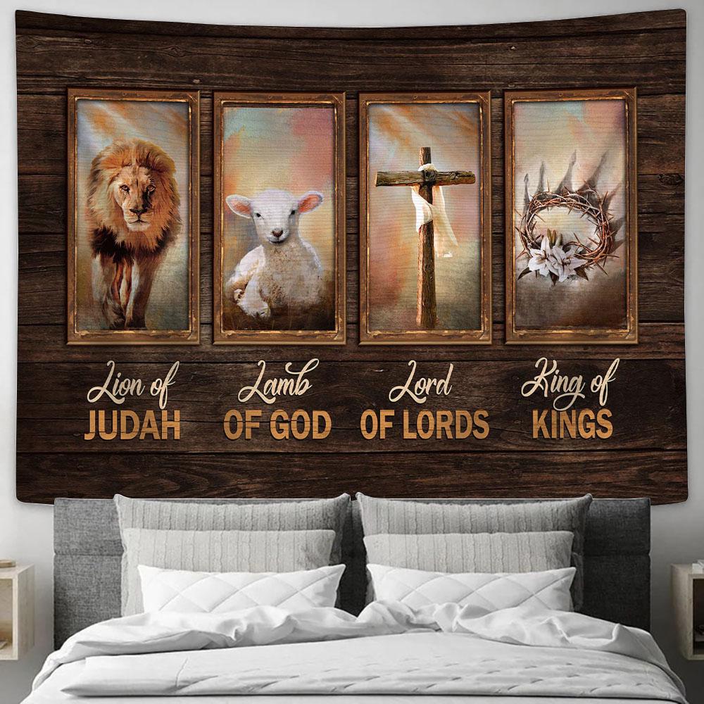 Lion King Lamb Of God Crown Of Thorn Tapestry Art - Bible Verse Wall Art - Wall Decor Christian