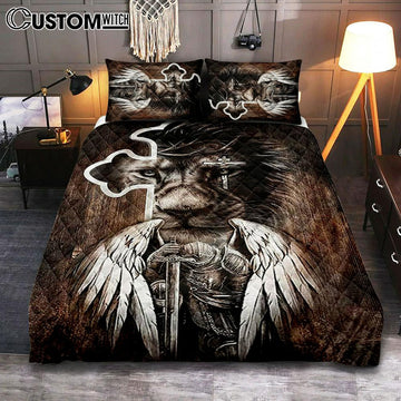 Lion Knight Of God Warrior With Wings Quilt Bedding Set - Lion Quilt Bedding Set Print - Christian Bedroom - Religious Home Decor