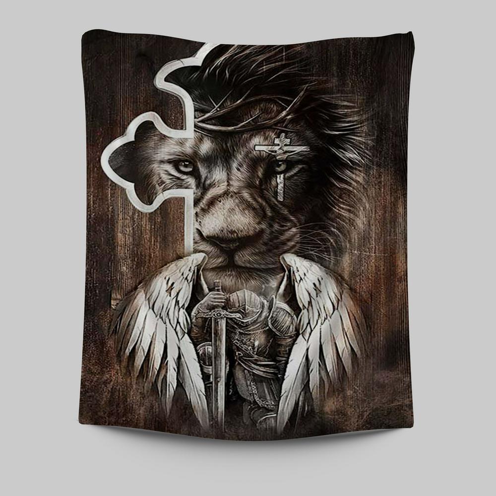 Lion Knight Of God Warrior With Wings Tapestry - Lion Tapestry Print - Christian Wall Art - Religious Home Decor