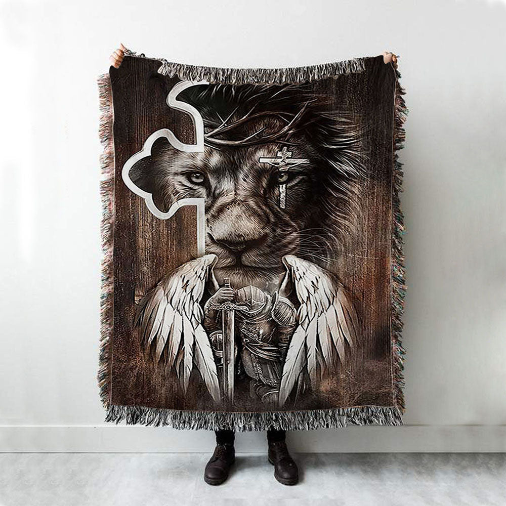 Lion Knight Of God Warrior With Wings Woven Blanket - Lion Woven Blanket Print - Christian Throw Blanket - Religious Home Decor