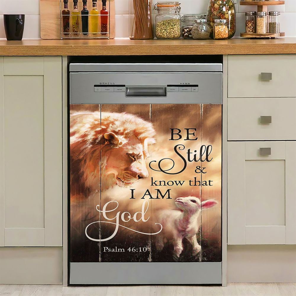 Lion Lamb Of Jesus Be Still And Know That I Am God Dishwasher Cover, Christian Dishwasher Wrap, Bible Verse Kitchen Decoration