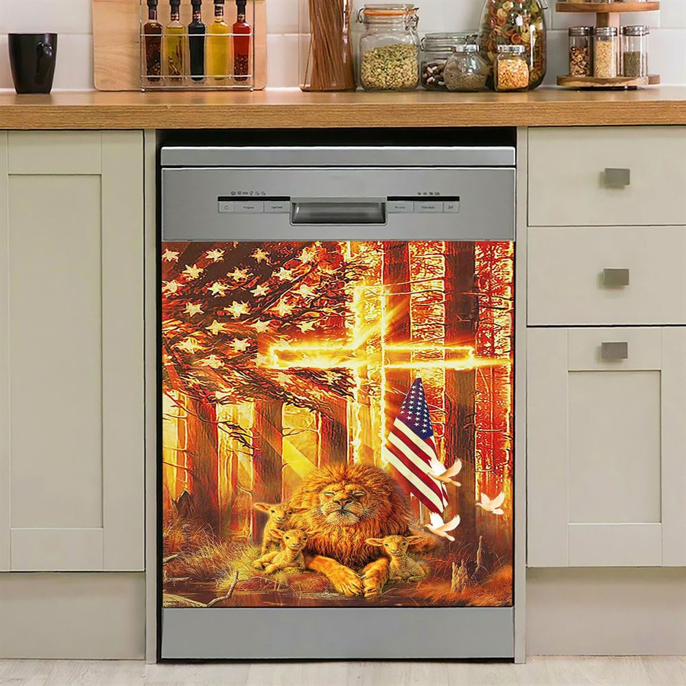 Lion &amp; Lambs Dishwasher Cover, Christian Dishwasher Wrap, Religious Kitchen Decoration