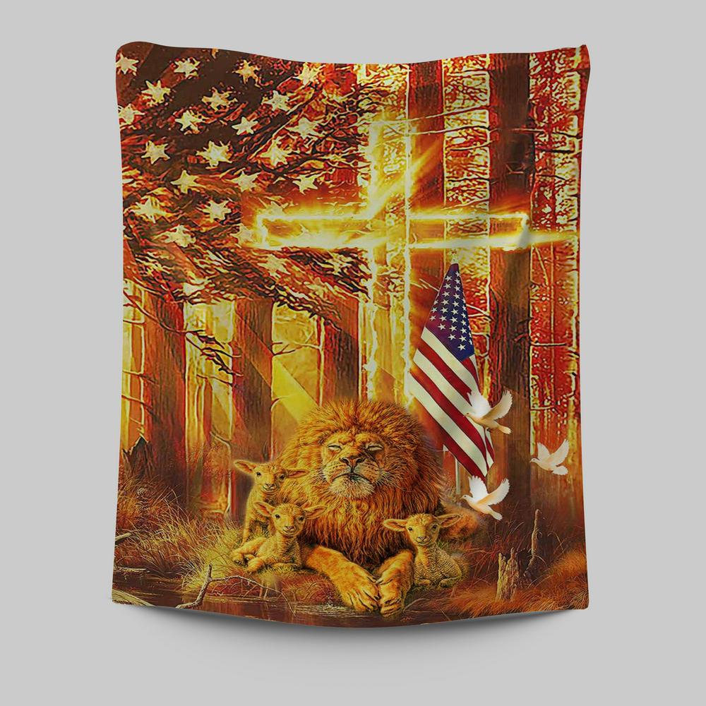 Lion &amp; Lambs Tapestry Wall Art - Christian Wall Tapestry - Religious Tapestries Wall Hanging Prints
