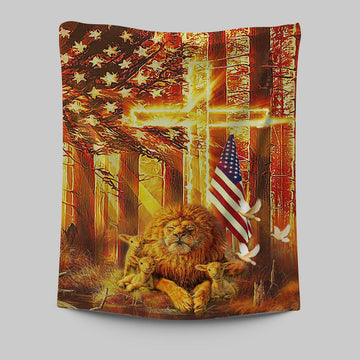 Lion &amp; Lambs Tapestry Wall Art - Christian Wall Tapestry - Religious Tapestries Wall Hanging Prints