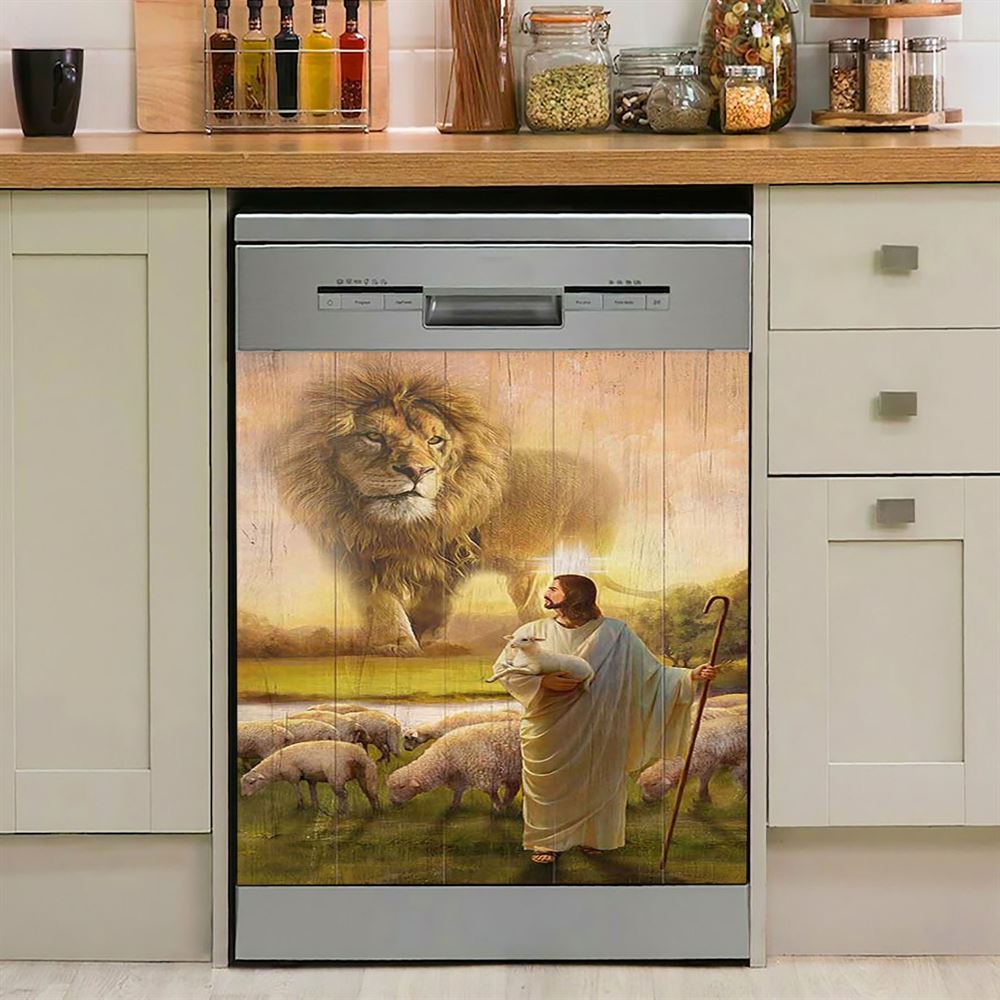 Lion Lambs Walking With Jesus Dishwasher Cover, Lion Dishwasher Wrap, Christian Kitchen Decoration