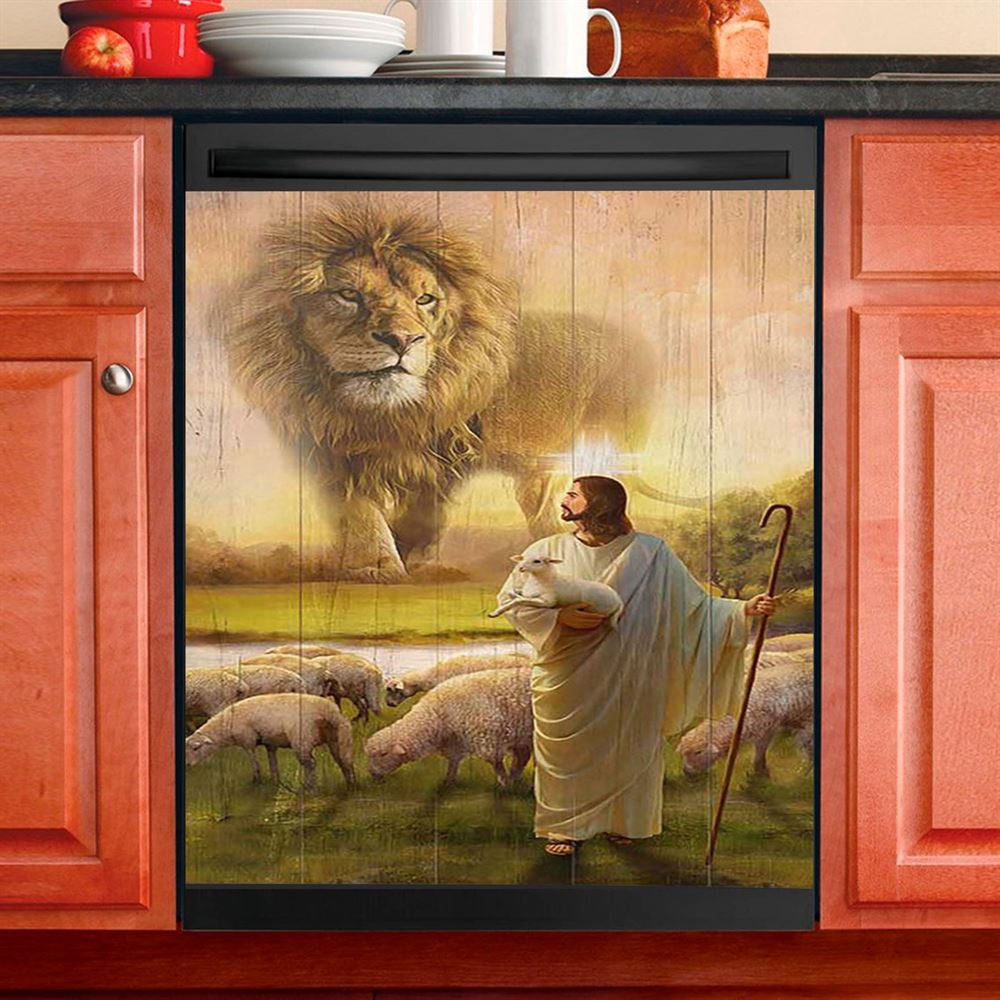 Lion Lambs Walking With Jesus Dishwasher Cover, Lion Dishwasher Wrap, Christian Kitchen Decoration