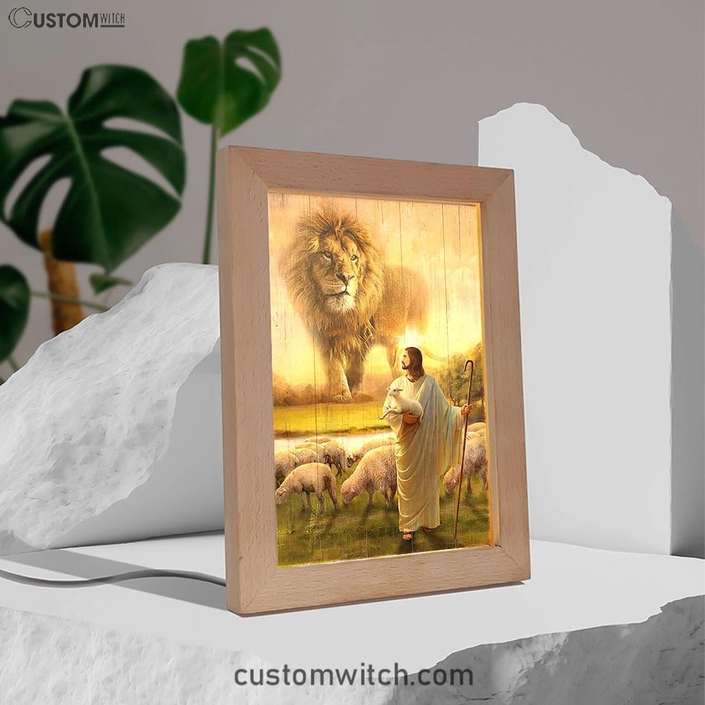 Lion Lambs Walking With Jesus Frame Lamp - Lion Frame Lamp Print - Christian Art - Religious Home Decor