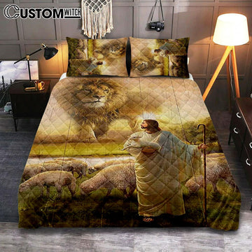 Lion Lambs Walking With Jesus Quilt Bedding Set - Lion Quilt Bedding Set Print - Christian Bedroom - Religious Home Decor