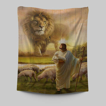 Lion Lambs Walking With Jesus Tapestry - Lion Tapestry Print - Christian Wall Art - Religious Home Decor
