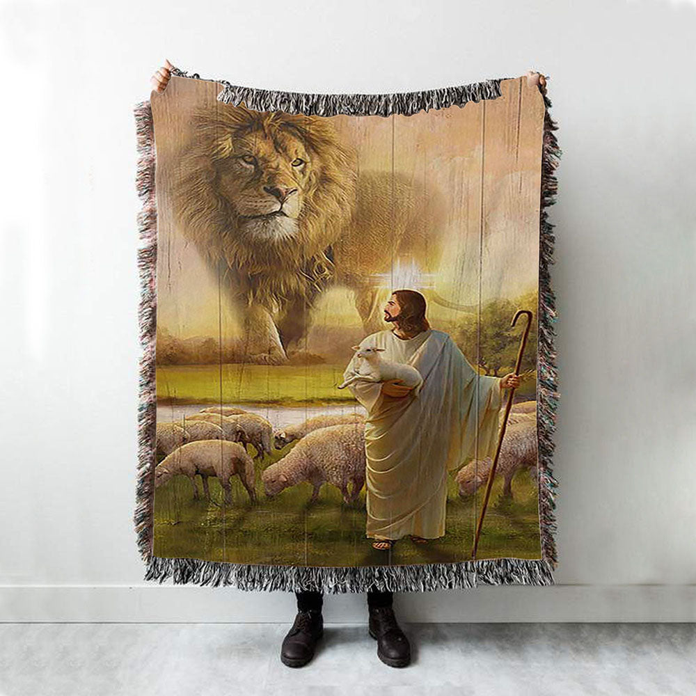 Lion Lambs Walking With Jesus Woven Blanket - Lion Woven Blanket Print - Christian Throw Blanket - Religious Home Decor