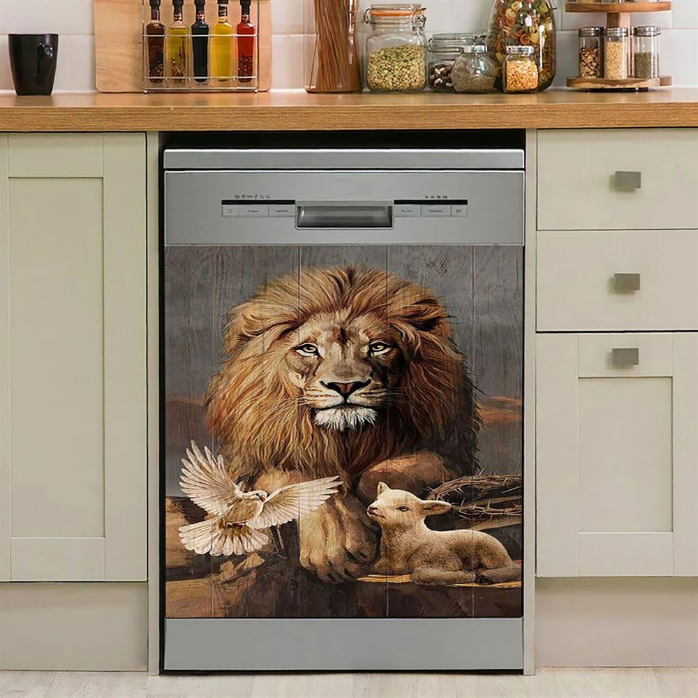 Lion Little Lamb And Beautiful Dove Dishwasher Cover, Lion Dishwasher Wrap, Christian Kitchen Decoration