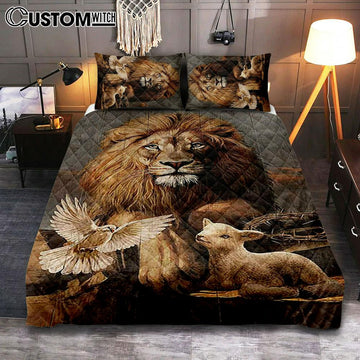 Lion Little Lamb And Beautiful Dove Quilt Bedding Set - Lion Quilt Bedding Set Print - Christian Bedroom - Religious Home Decor