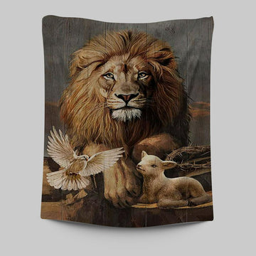 Lion Little Lamb And Beautiful Dove Tapestry - Lion Tapestry Print - Christian Wall Art - Religious Home Decor