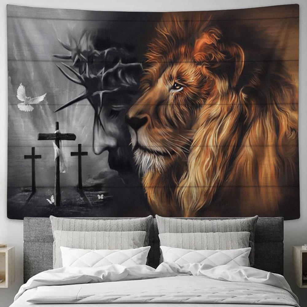 Lion Of Judah And Jesus Portrait Large Tapestry - Christian Tapestry Prints - Religious Tapestry Art