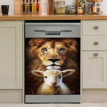 Lion Of Judah And Lamb Of God Stand Together Dishwasher Cover, Inspirational Dishwasher Wrap, Christian Kitchen Decoration