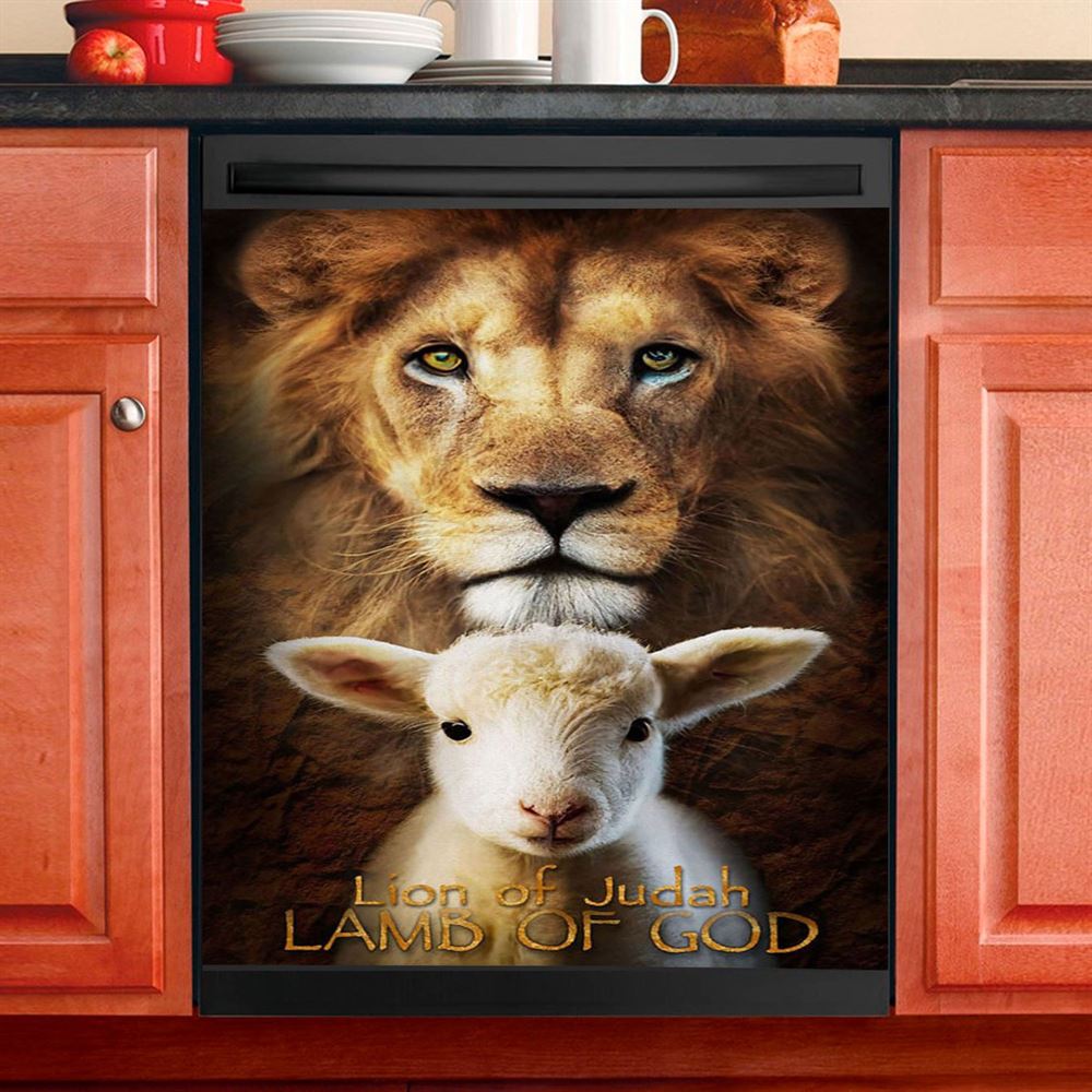 Lion Of Judah And Lamb Of God Stand Together Dishwasher Cover, Inspirational Dishwasher Wrap, Christian Kitchen Decoration
